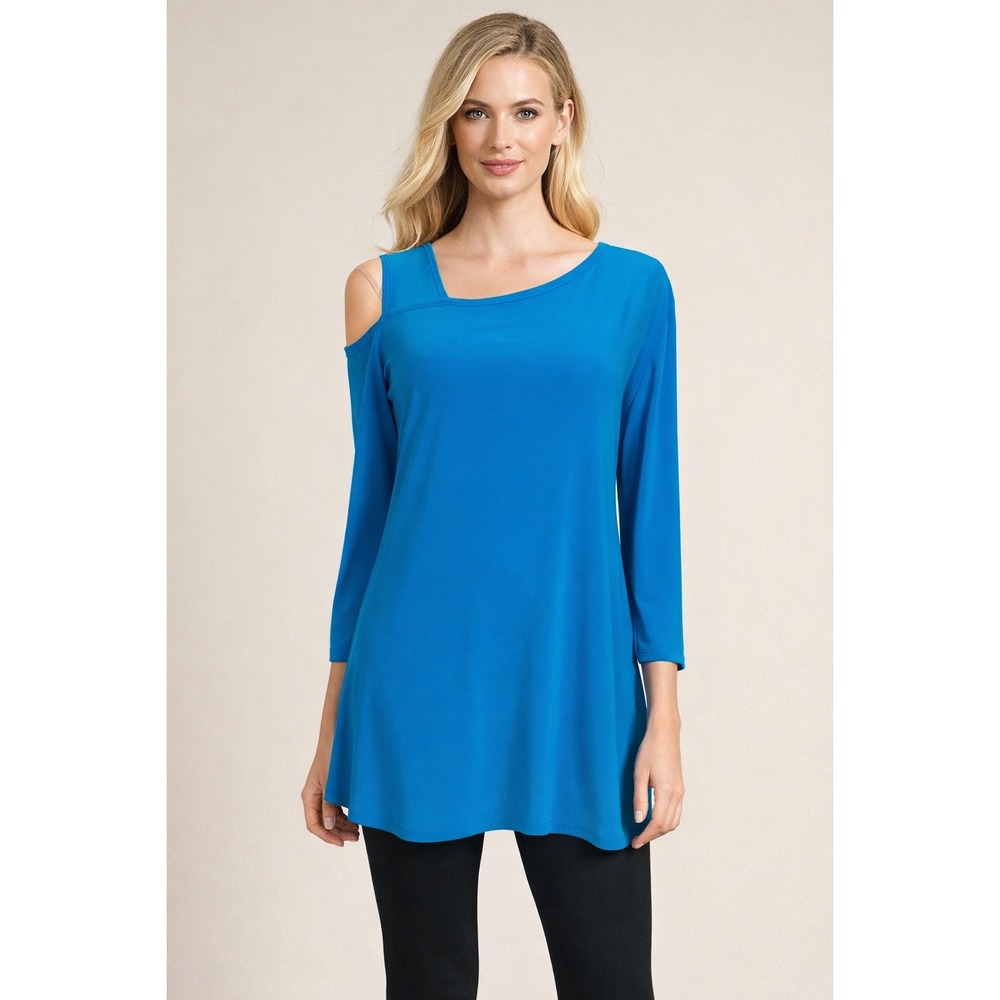 Clara Sunwoo Blue Asymmetrical Cold Shoulder Tunic Top XS Made in USA